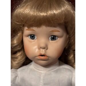 VTG 20" Porcelain Doll Blonde Hair Blue Eyes Victorian Dress with Bonnet Stand